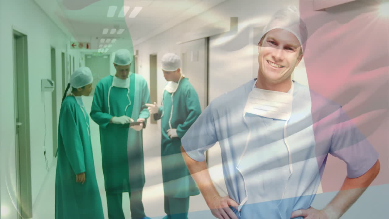 Animation of flag of italy over diverse surgeons in hospital