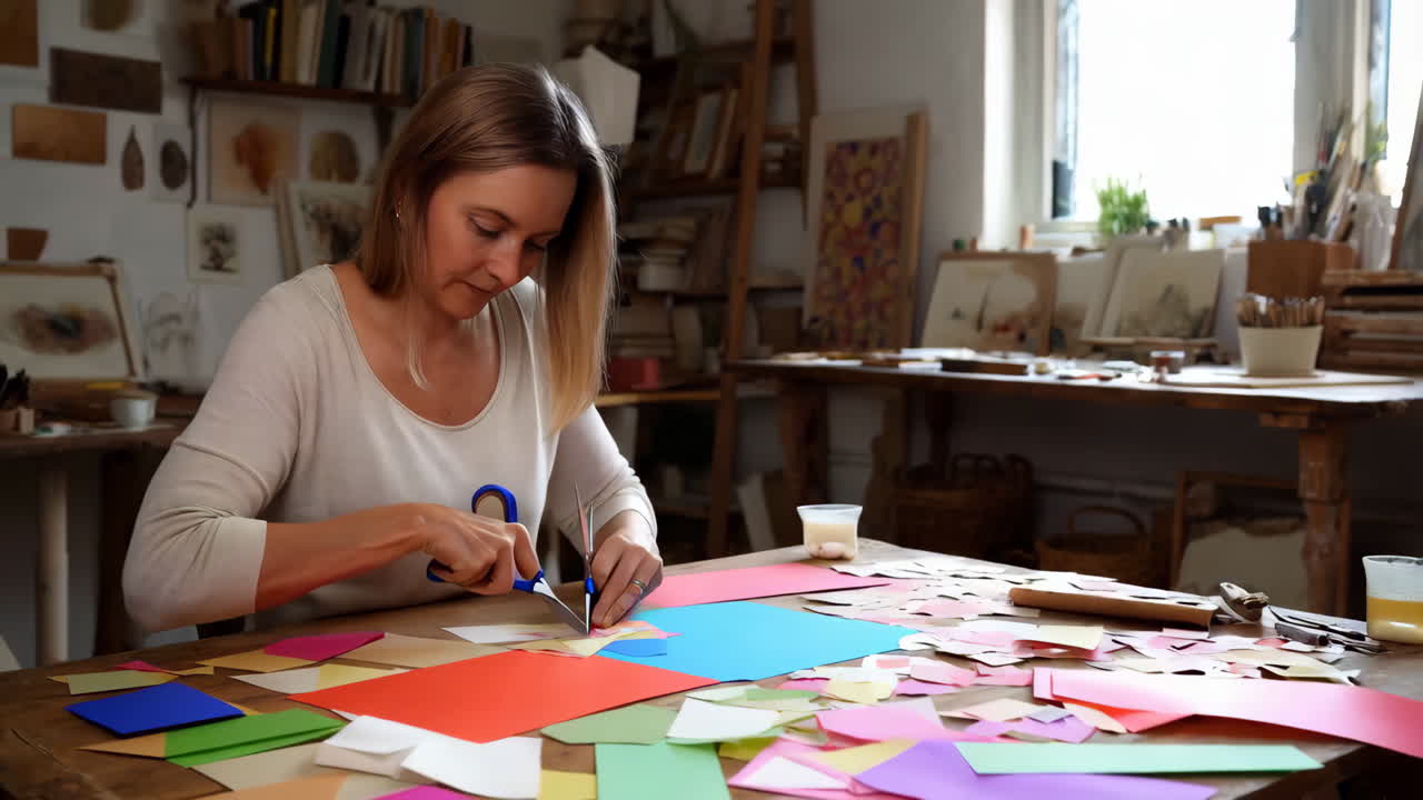 Woman creating paper art in her studio