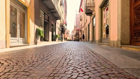 cobblestone street with shops in piedmont, italy