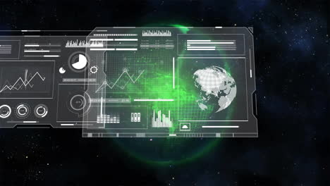 animation of data processing and statistics on screens over globe