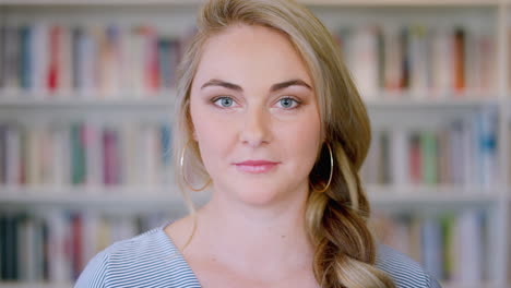 face, woman and smile while happy in a library