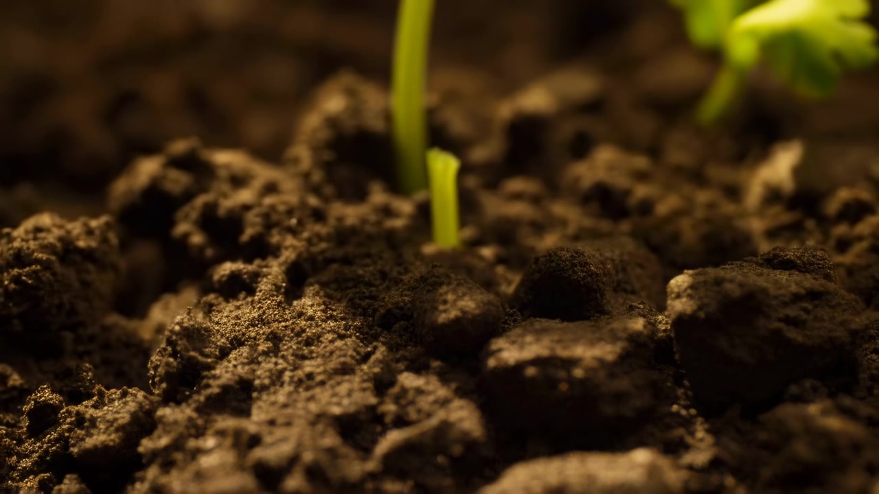 Seedling growing, in soil, with soil, seedling, with dirt, plant material texture, from a close-up perspective, with brown, green accents, and natural growth mood, clear detail, natural detail.
