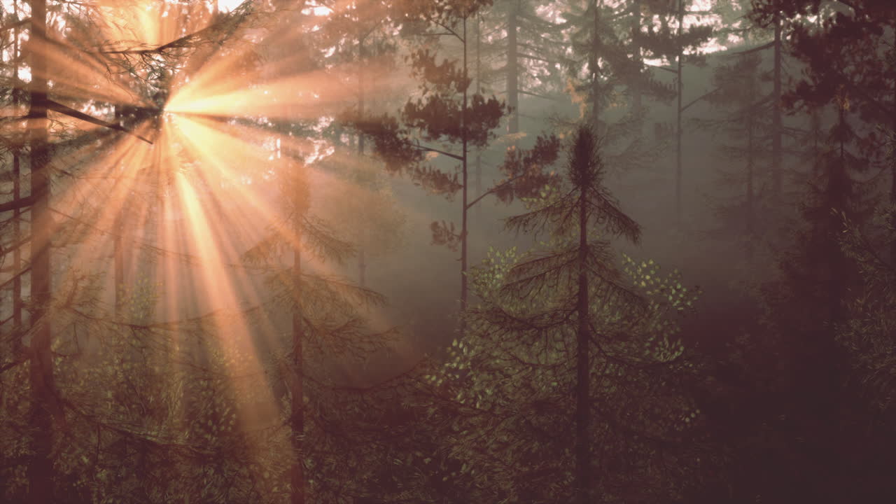 солнечные лучи проходят через туманный лес