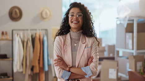 ecommerce, crossed arms and face of business woman