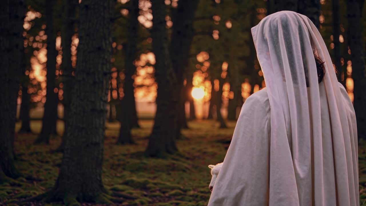 Mystisk og fortryllet solnedgang i skogen med en person i hvite klær som holder et lam, spirituelt
