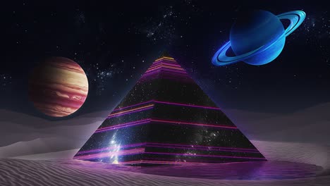 una impresionante pirámide de neón futurista situada dentro de un paisaje cósmico expansivo y místico