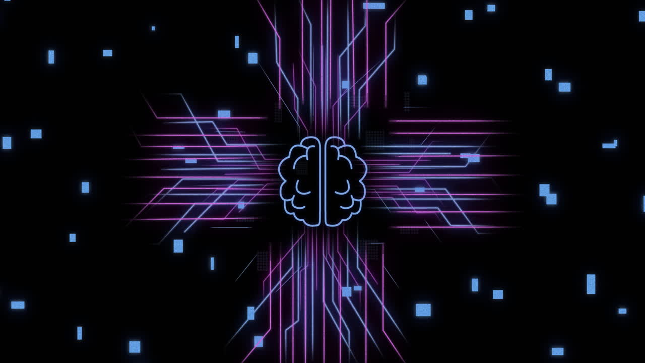Animation of ai brain, circuit board with data processing over black background