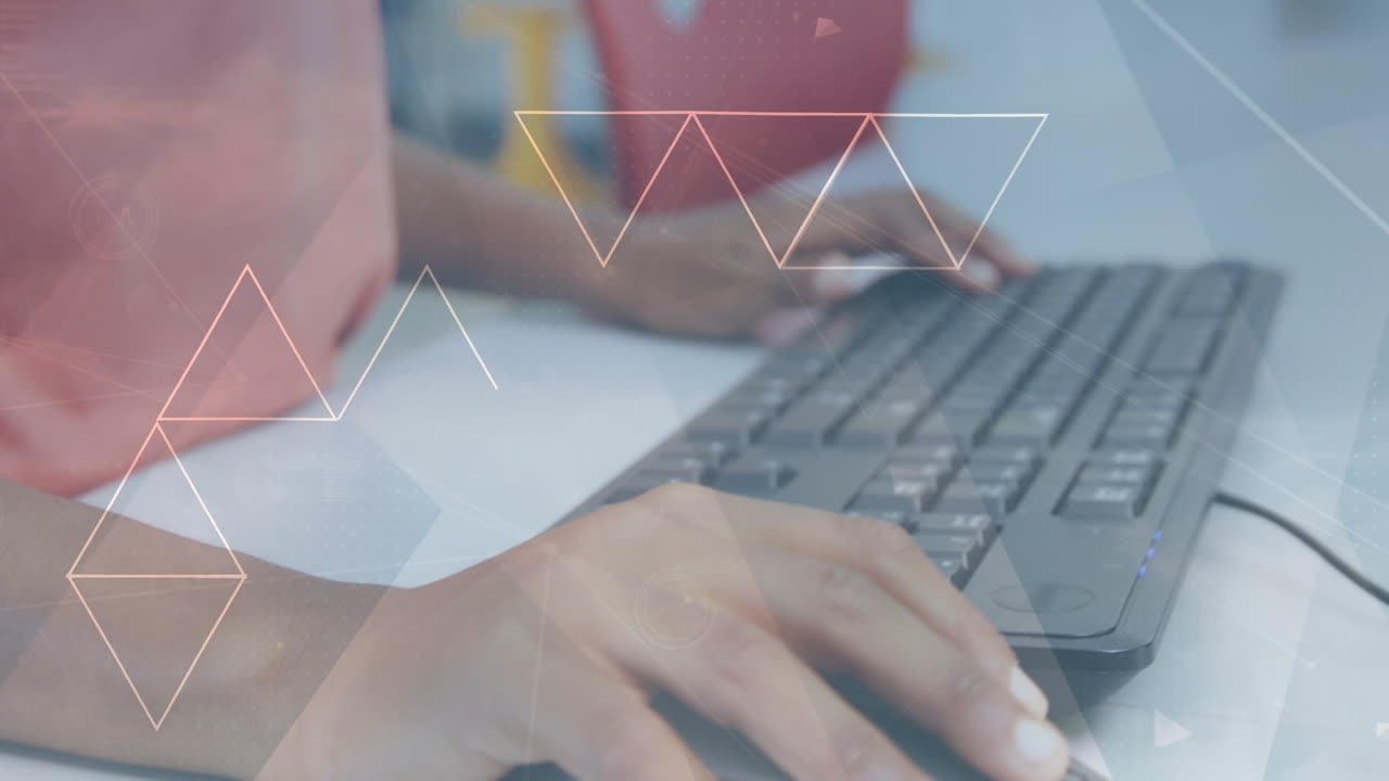 Abstract triangular shapes against mid section of a girl using computer at school