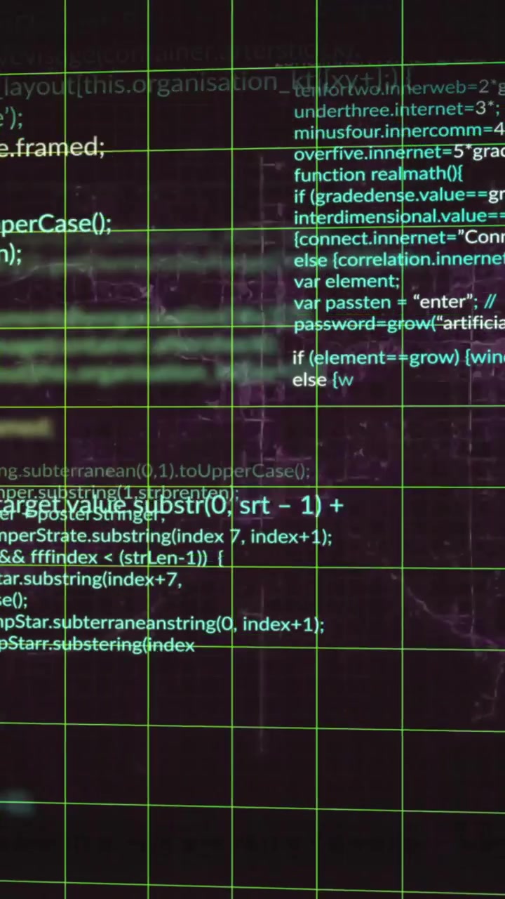 Animation of grid pattern and computer language over black background