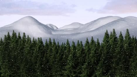 Snow-falling-over-winter-landscape-with-trees-and-mountains-against-clouds-in-the-sky