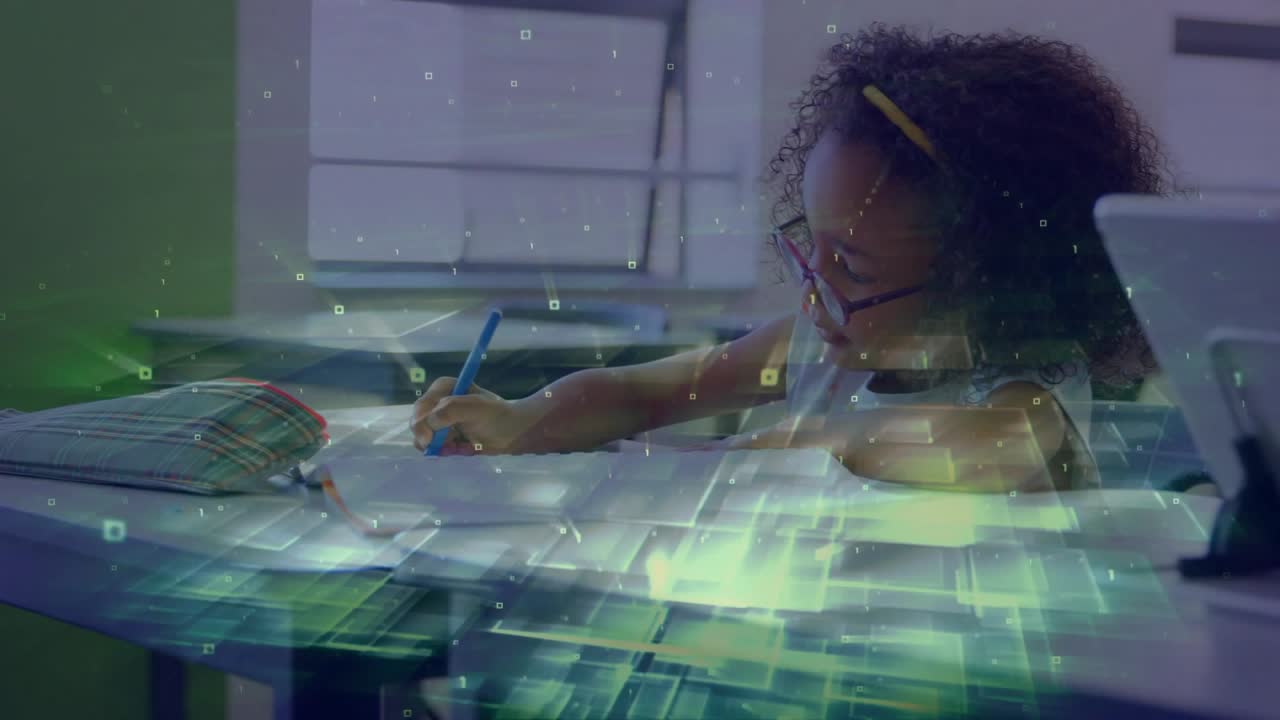 Girl reaching for blue pen and writing notebook for homework in classroom with digital grid overlay