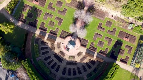 aerial - rotating drone shot of landscaped gardens