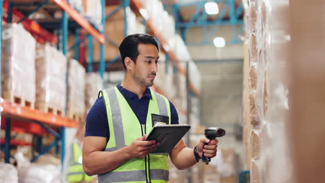 Warehouse worker using tablet and barcode scanner