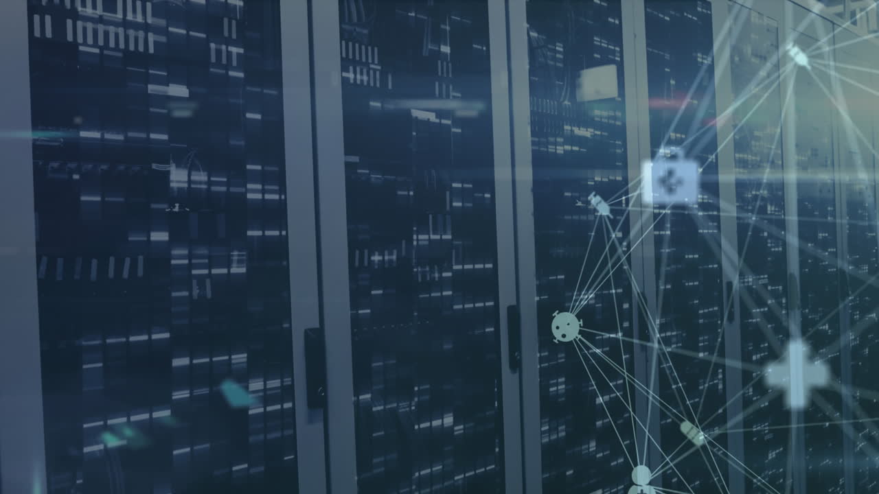 Animation of spinning globe of medical icons and mosaic squares against computer server room