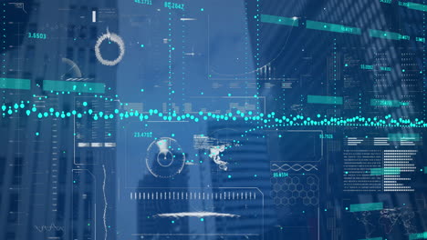 animación de la interfaz con el procesamiento de datos frente a una vista de ángulo bajo de edificios altos