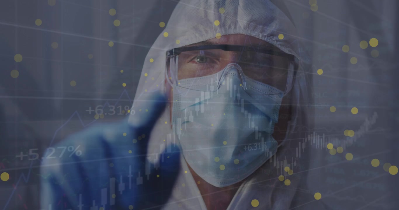 Animazione di elaborazione dati su medico caucasico con mascherina.