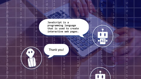 animación de ai texto, iconos y procesamiento de datos sobre hombre caucásico usando portátil