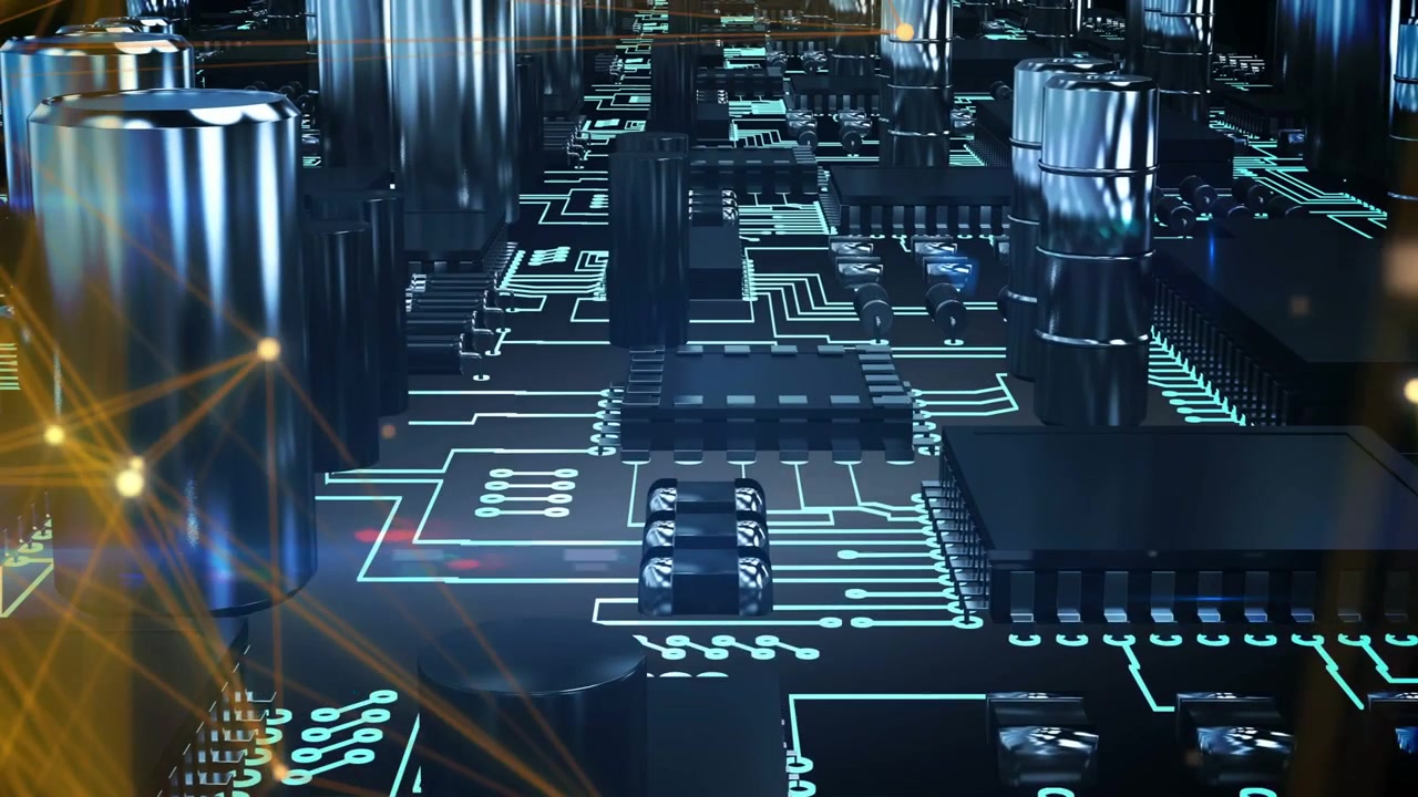 Camera pushing forward, PCB parts shifting, neon traces pulsing, golden network showing signal flow