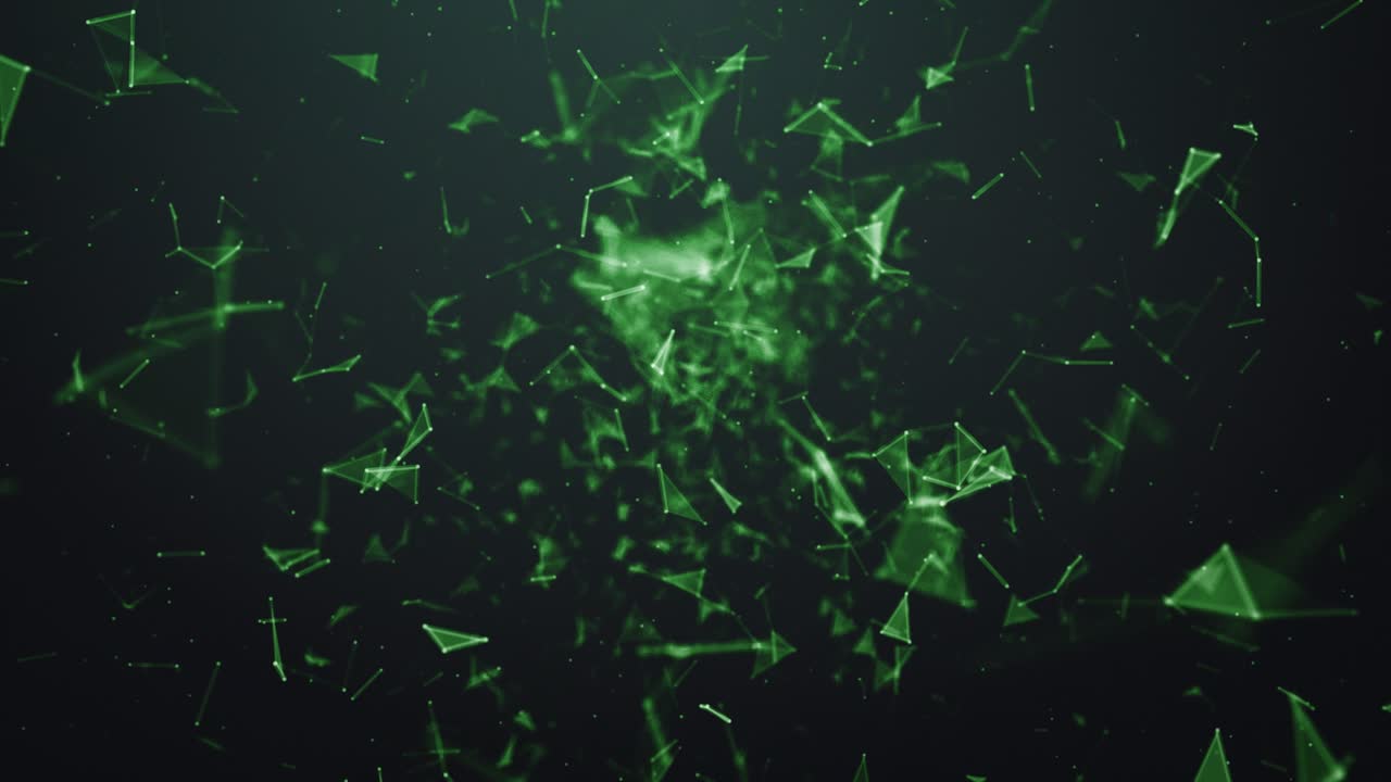 triángulos geométricos verdes abstractos volando en fondo negro