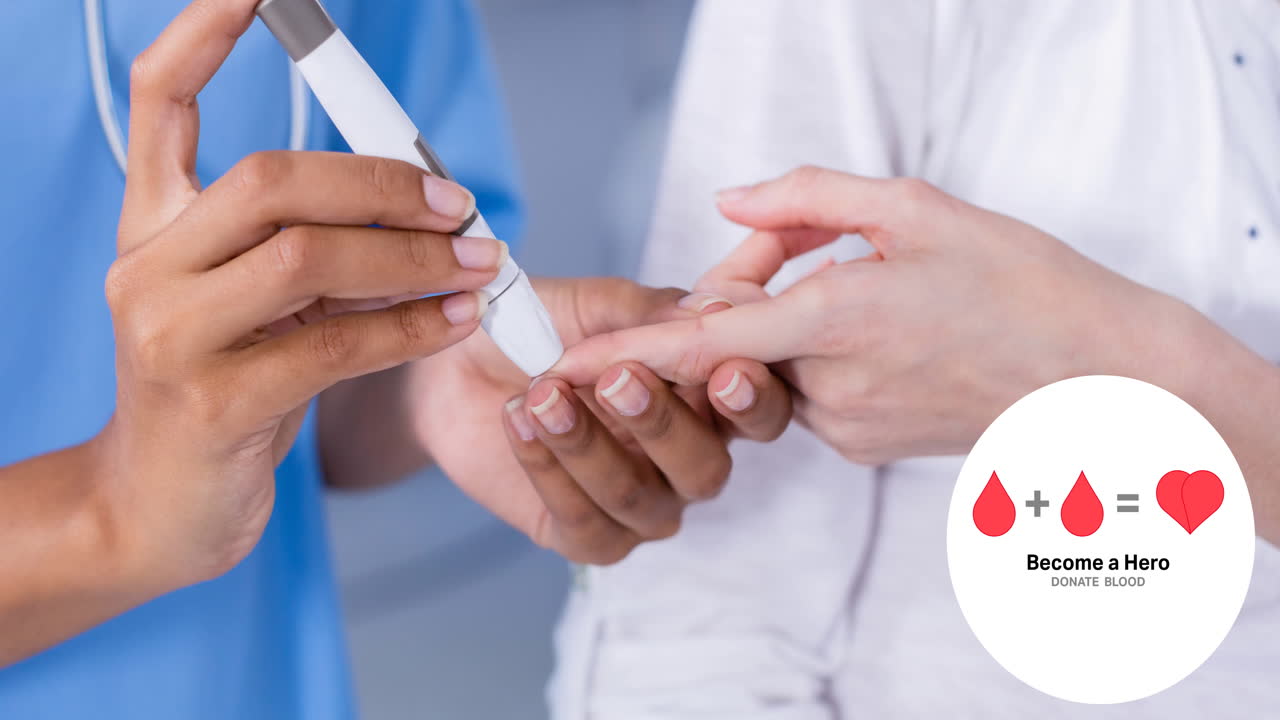 심장 로고를 만드는 두 방울과 함께 기증 혈액 텍스트의 애니메이션, 기증자 혈액 검사를 제공하는 간호사