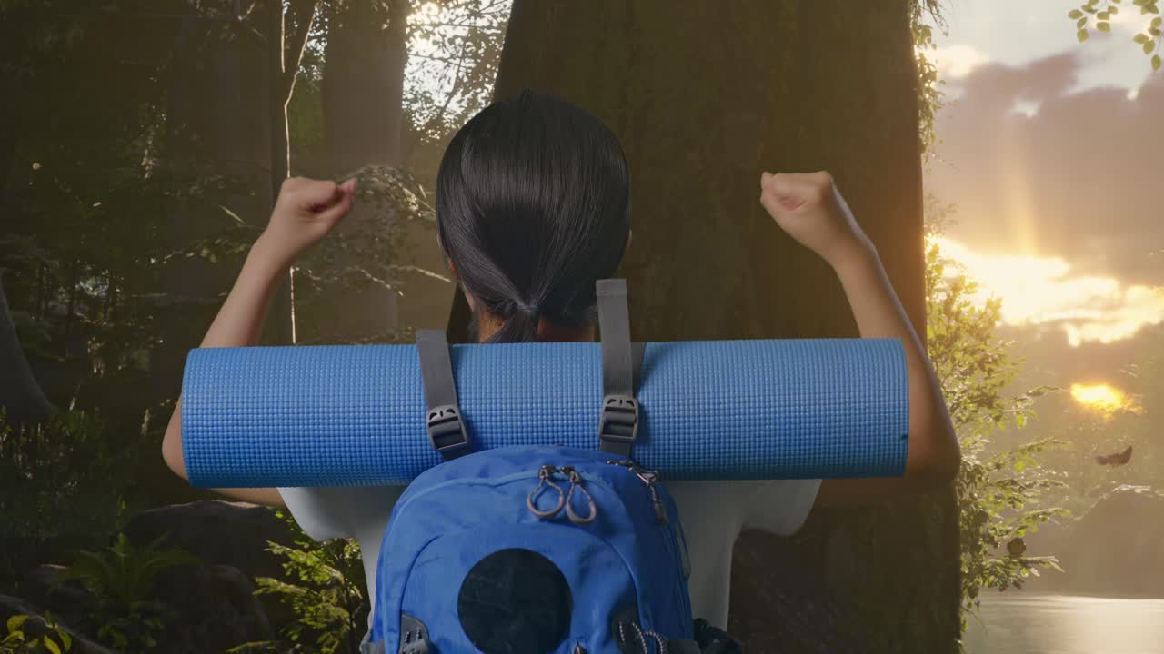 해가 뜨면 숲에서 산책하는 여자