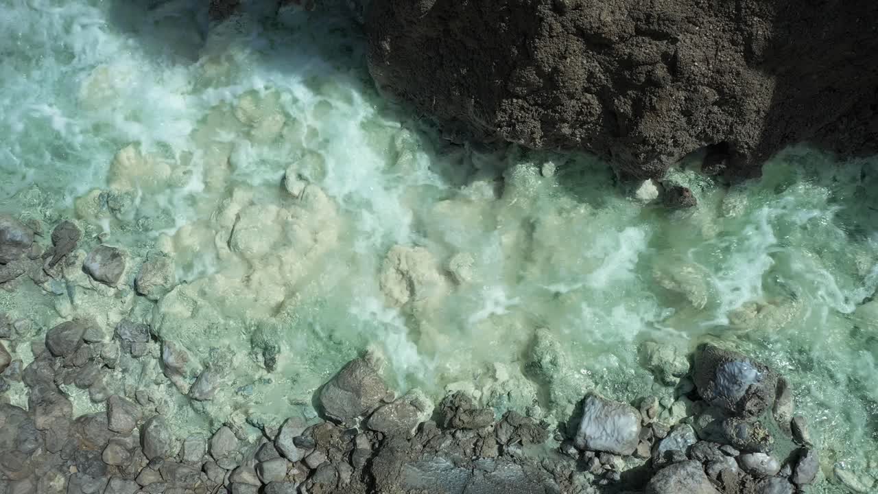 Drammatica inquadratura aerea dall'alto delle sorgenti termali del Mar Morto, con acque calde cristalline che scorrono attraverso un paesaggio di canyon desertico