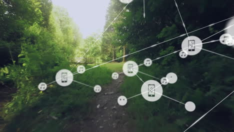 network of connected devices and media icons animation over forest trail