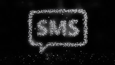 animation of flying flickering particles form a mailing sign or message symbol on dark background with earth map from dots. animation of pulsating dots and messaging icons connected by strings floating in dark digital space. animation of seamless loop