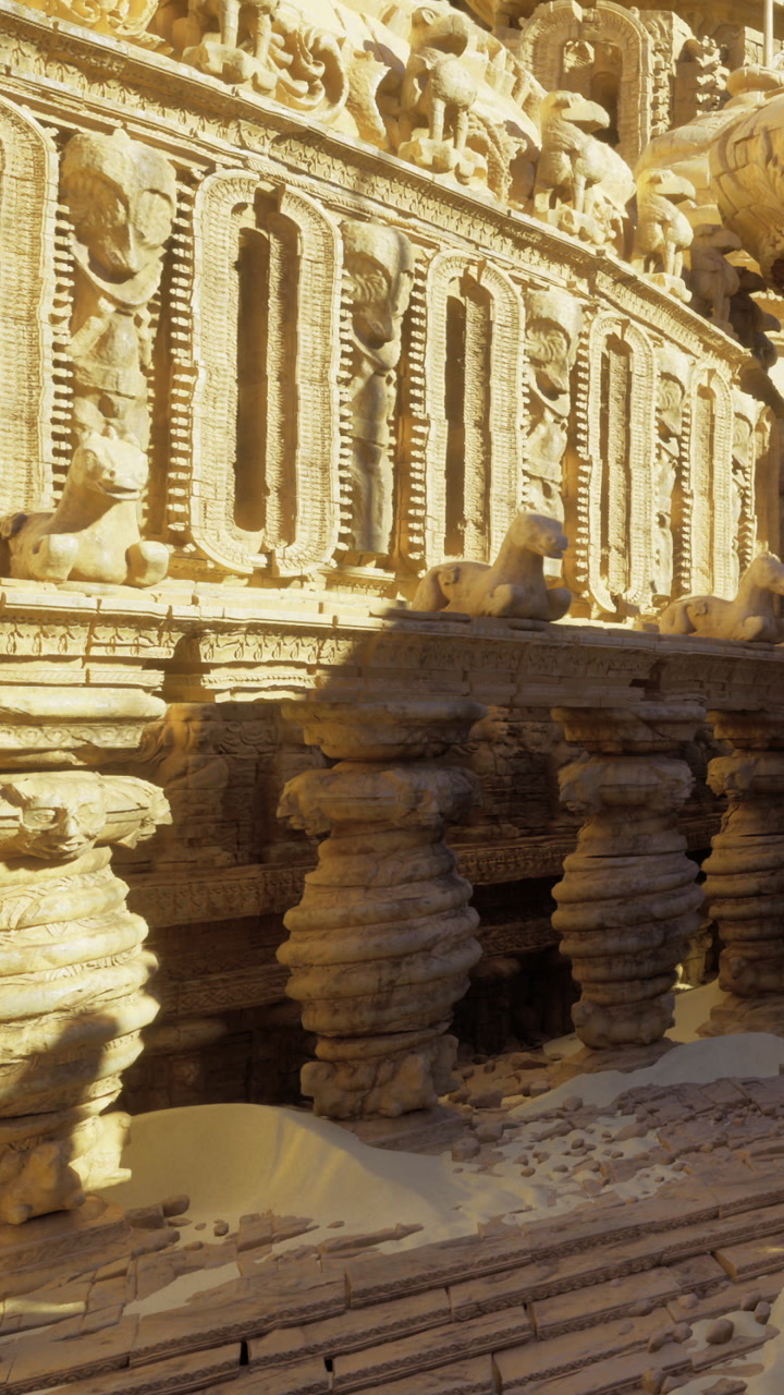 Intricate stone carvings illuminate ancient temple site in golden light
