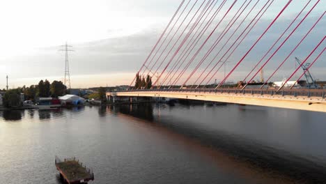 aerial cable-stayed bridge on a river in gdansk, poland