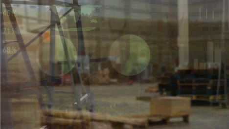 animation of statistics processing over shelves in warehouse