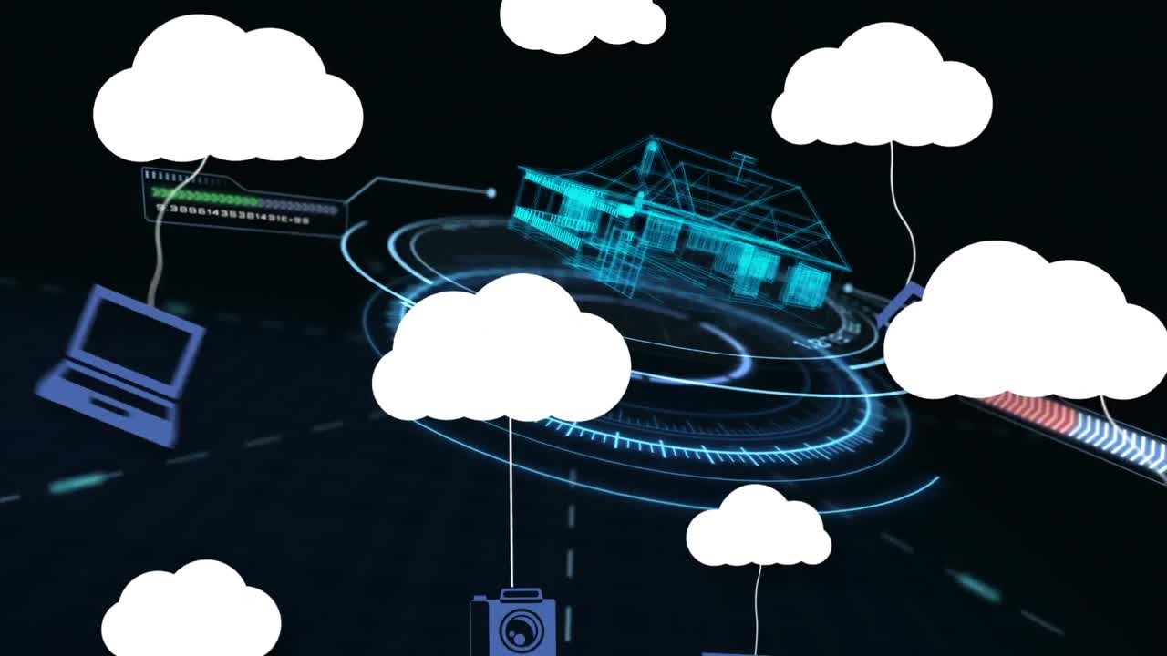 animación de nubes con iconos sobre el modelo digital de la casa