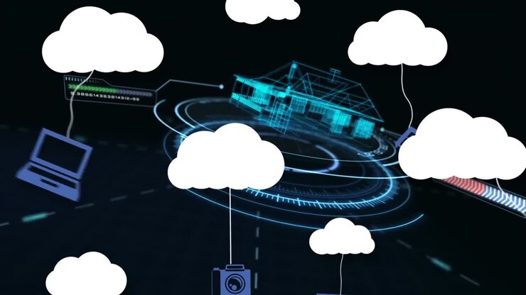 Animation of clouds with icons over digital model of house