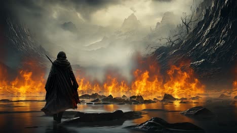 dark journey through a fiery landscape with a solitary figure