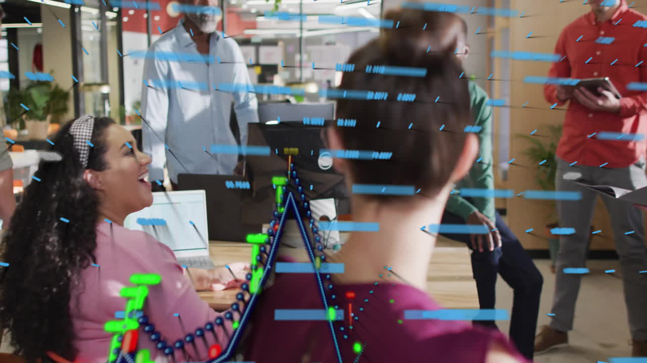 In office, diverse team collaborating with animation of data graphs overlaying scene