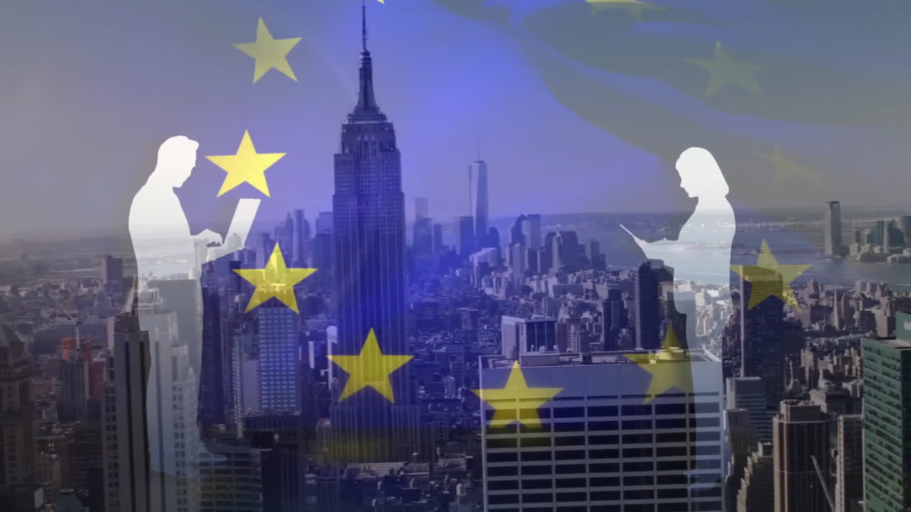 Business silhouettes reading tablet and smartphone over EU flagged urban skyline, using flat design