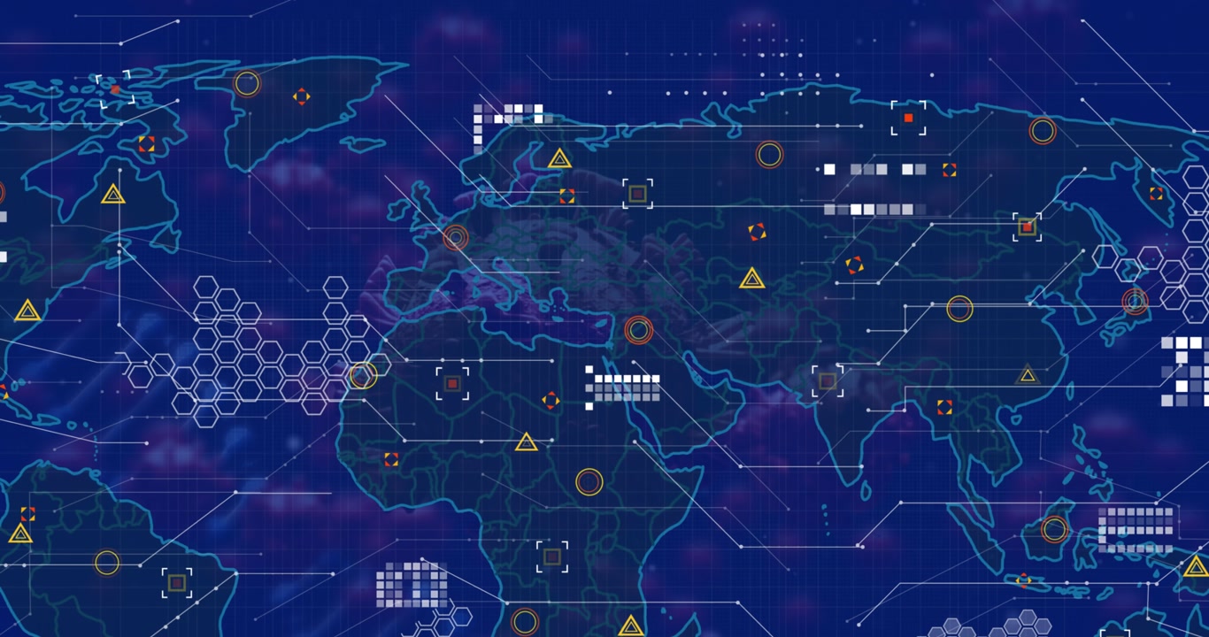 Animation of world map over blue background with virus cells