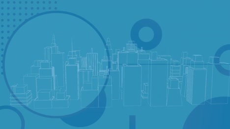 animation of circles over 3d cityscape on blue background