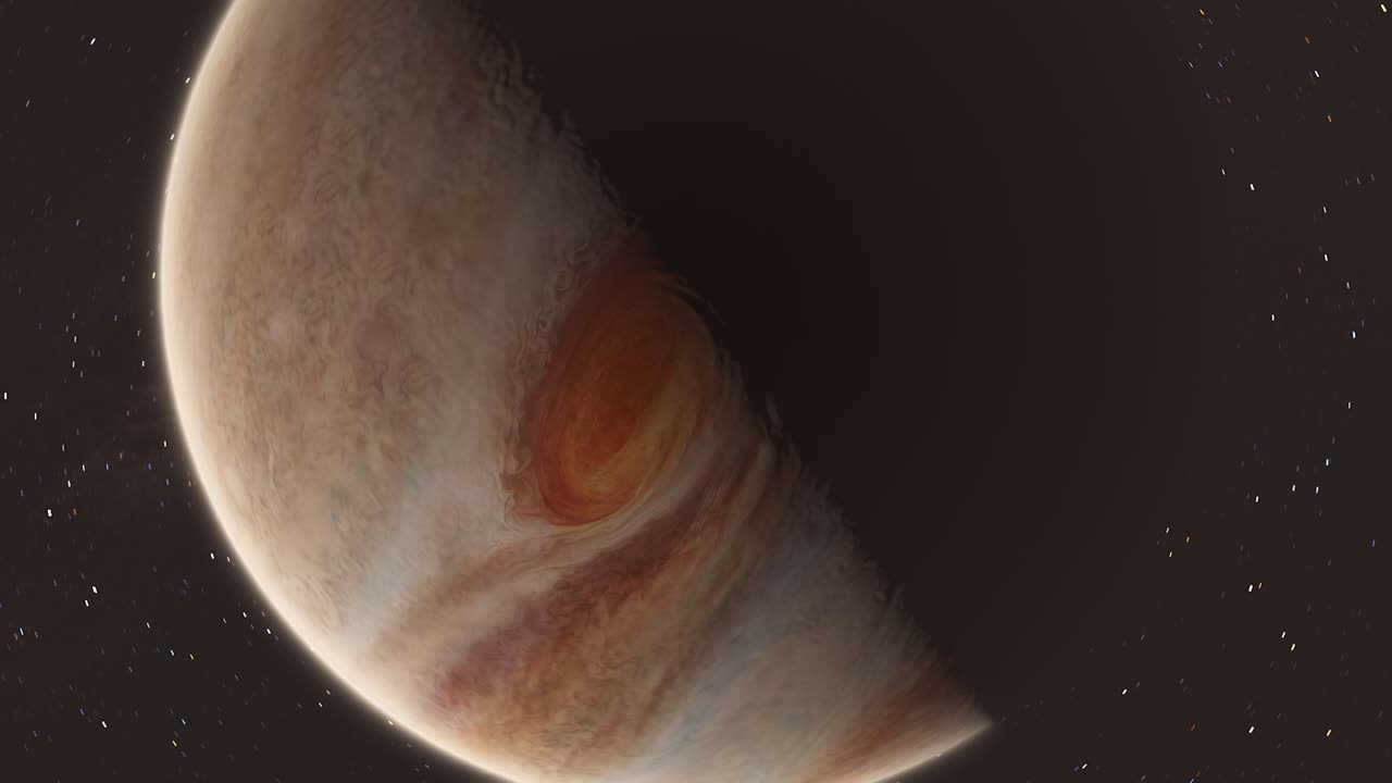 el lapso de tiempo giratorio del planeta júpiter se convierte de noche en día con fondo de estrellas 4k