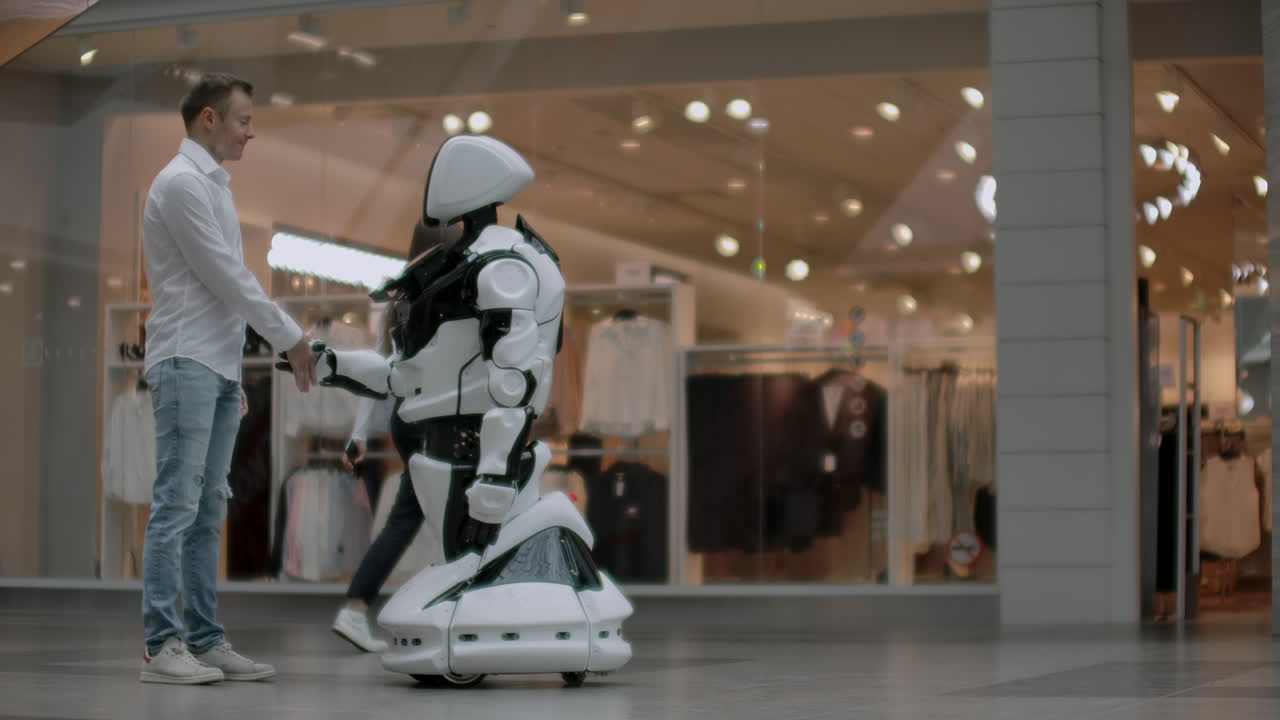 mano de un hombre de negocios estrechando la mano con un robot androide. el concepto de interacción humana con la inteligencia artificial.