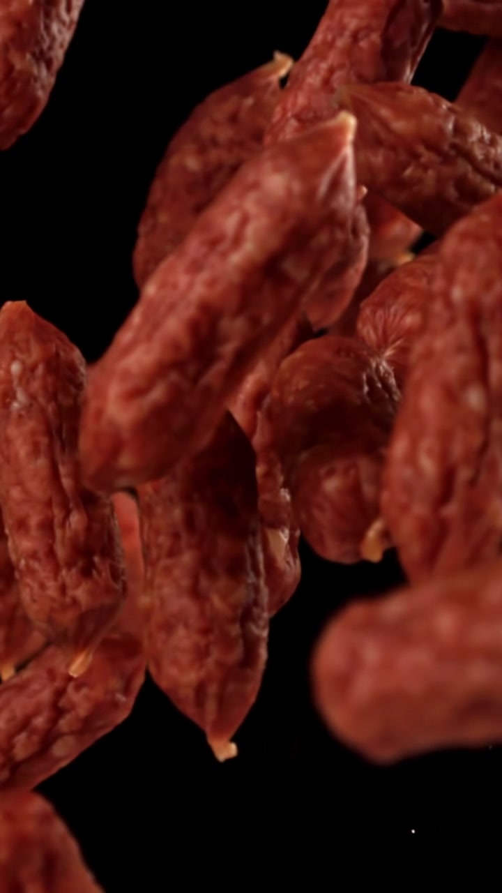 Mini salsicce di salame che cadono e galleggiano al rallentatore