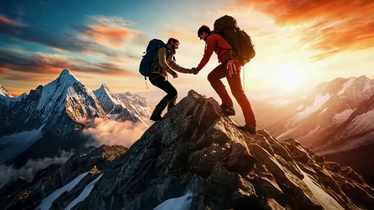Dois homens se ajudando a escalar um pico de montanha ao pôr do sol