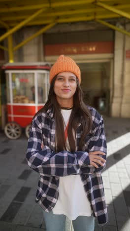 young woman in city street