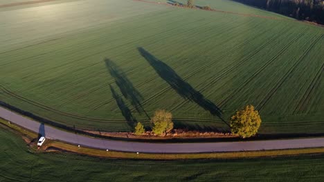 drone flying over a small country road with green farming fields and beautilfu shadows of the trees and white car parked near the road