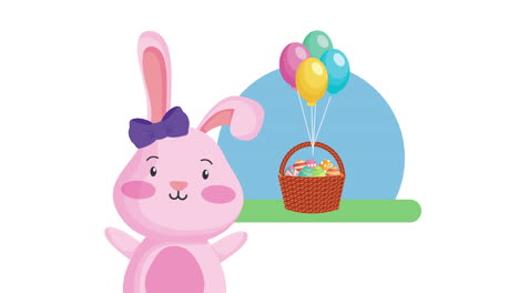 feliz tarjeta animada de pascua con conejo hembra y huevos pintados