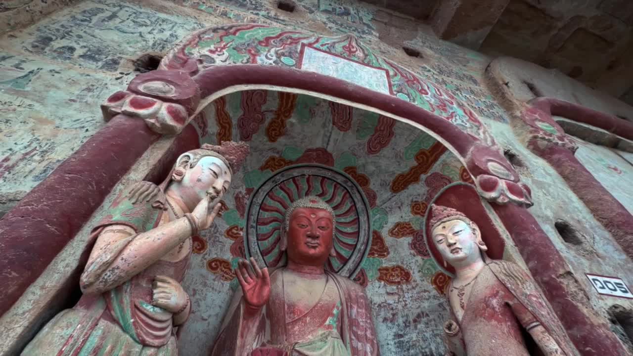 Ancient Buddhist Sculptures Within The Maijishan Grottoes In Tianshui, Gansu Province, China. Tilt-up Shot