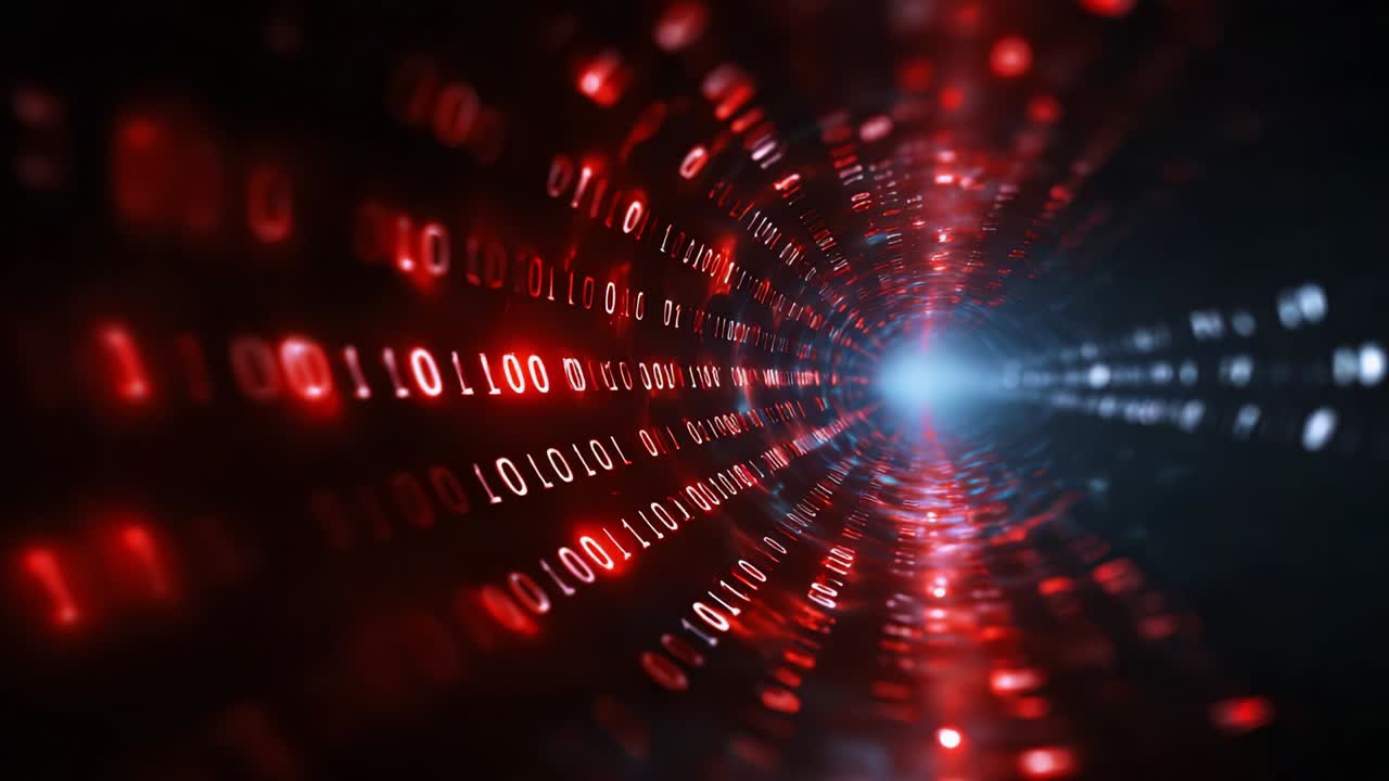 A Dynamic Visualization of Data Transfer Through a Hypothetical Digital Tunnel, Showcasing Binary Codes in Red and White Colors, Representing the Flow of Information in the Cyber World