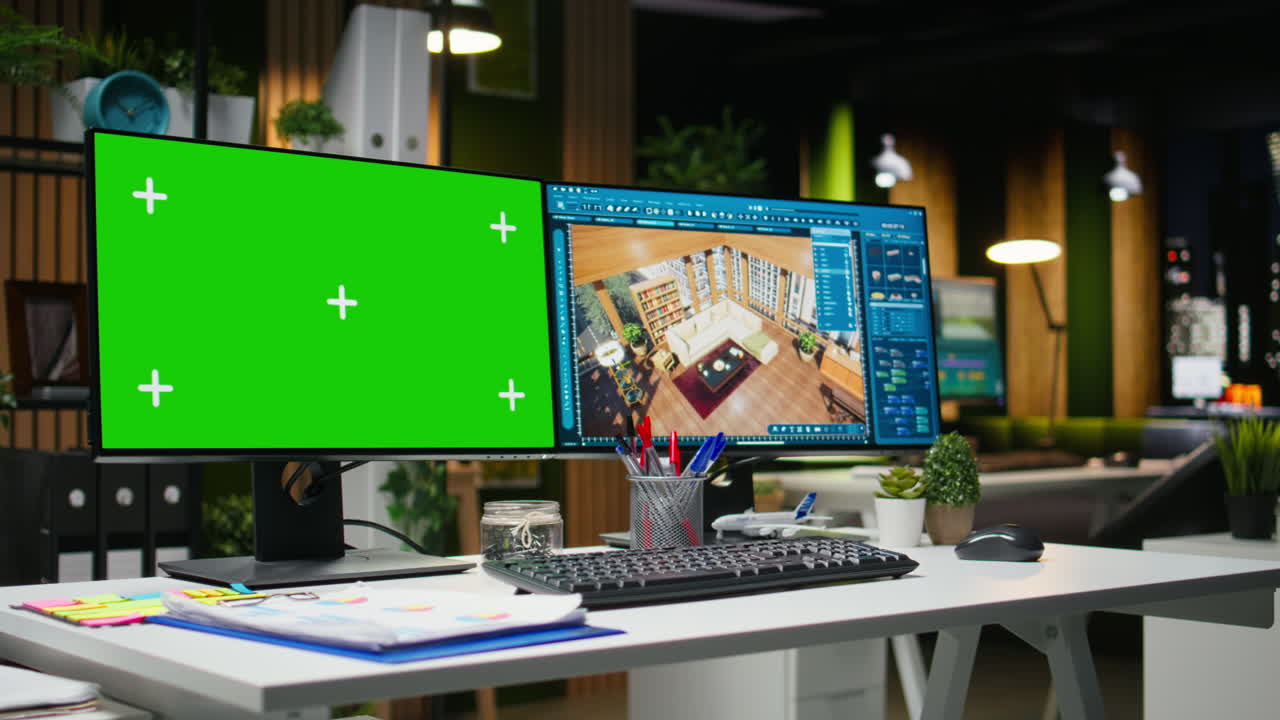 Mockup screen and architectural interface on dual monitors for interior design