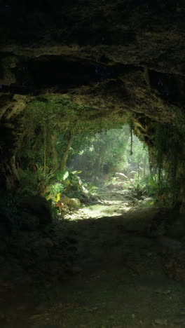 light filtering through a cave entrance in a lush forest environment