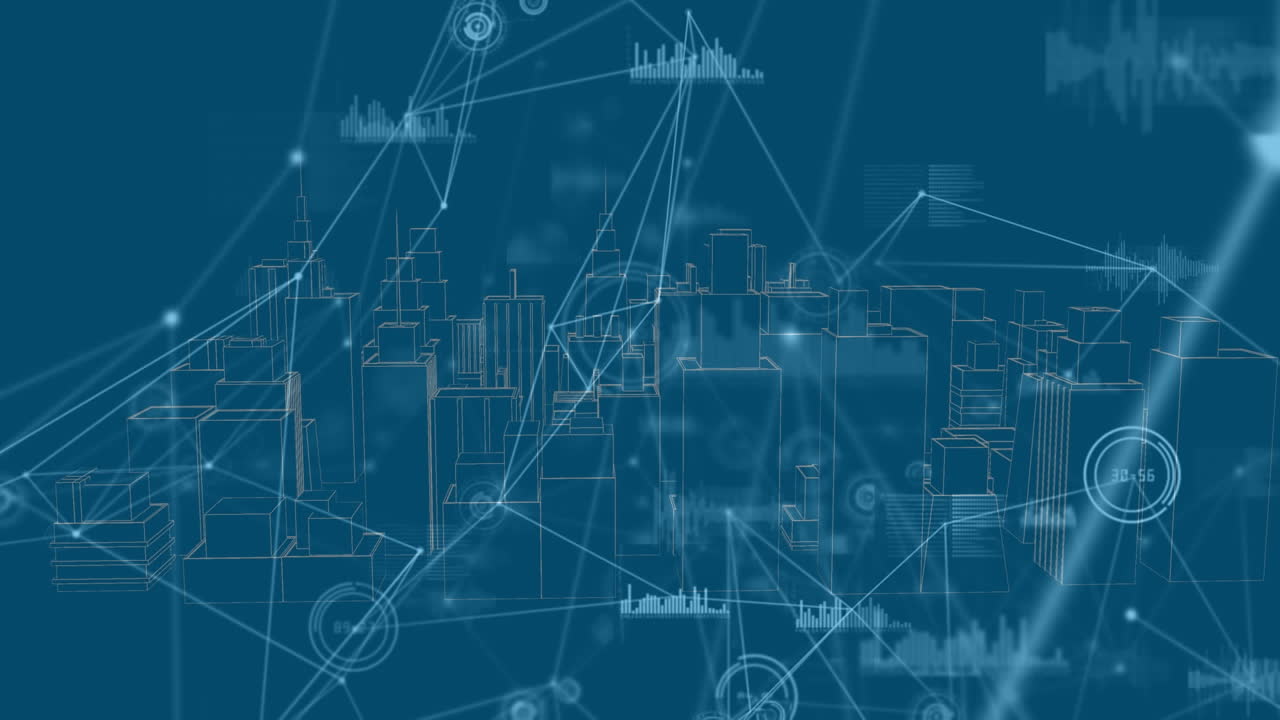 Digital animation of network of connections against 3d city model spinning on blue background
